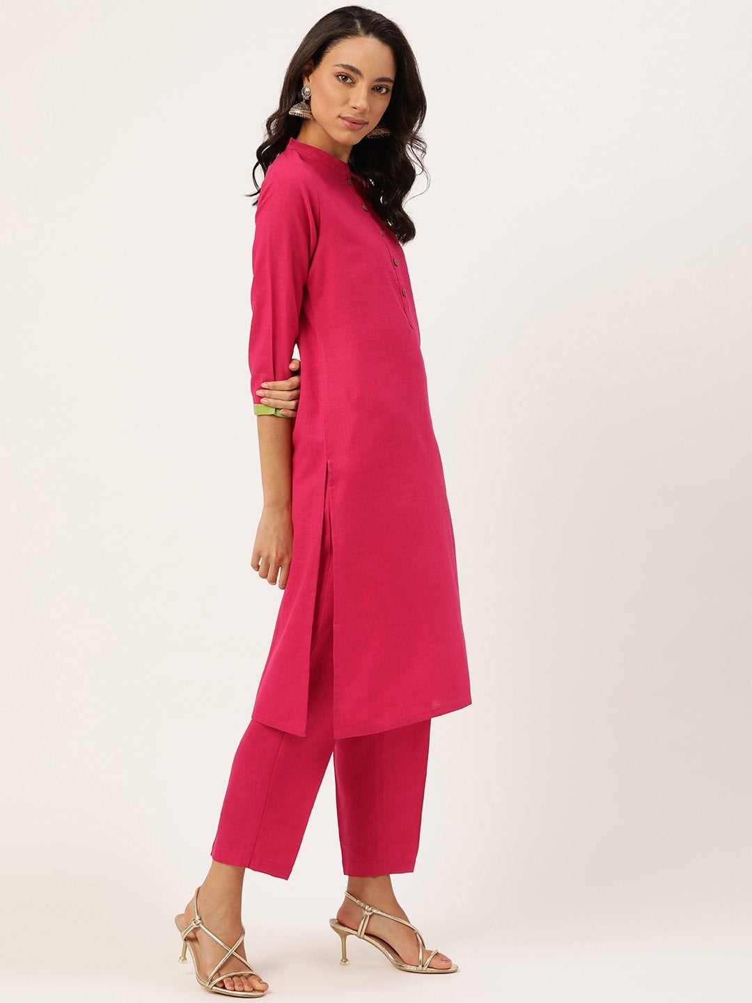 Women's Fuchsia Kurta With Pants & Green Chanderi Jacquard Du
