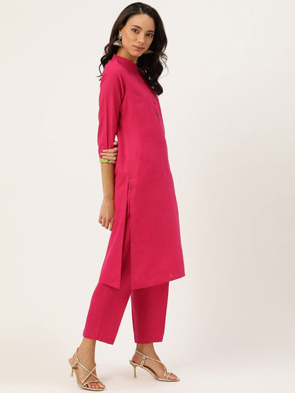 Women's Fuchsia Kurta With Pants & Green Chanderi Jacquard Du
