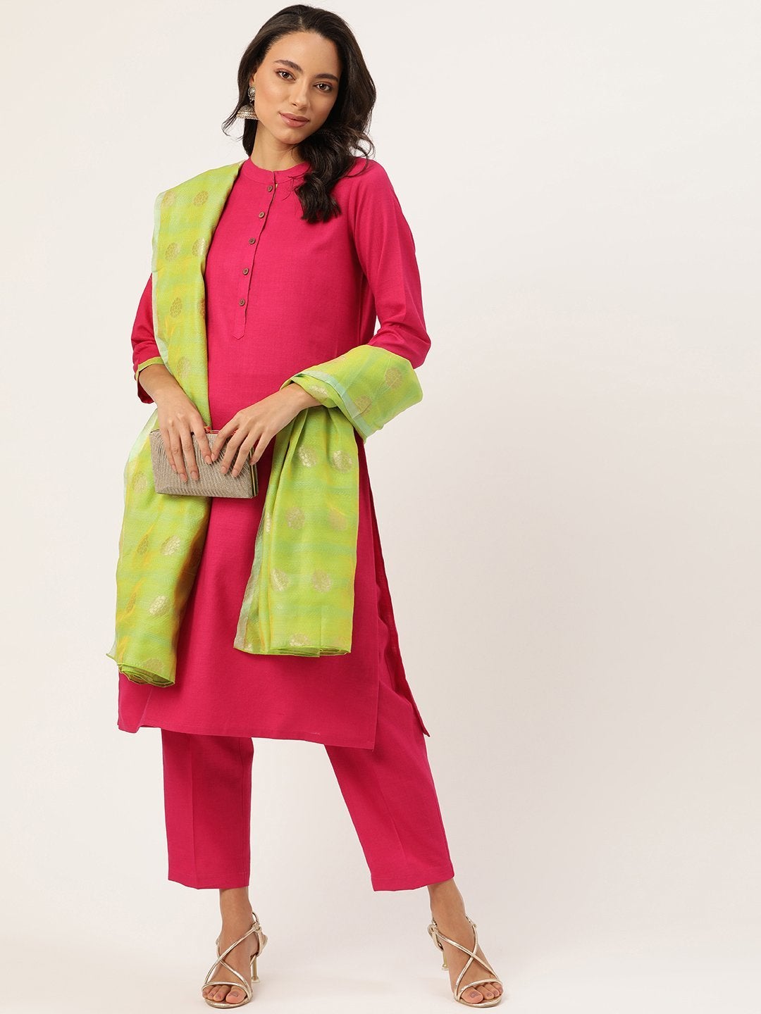 Women's Fuchsia Kurta With Pants & Green Chanderi Jacquard Du