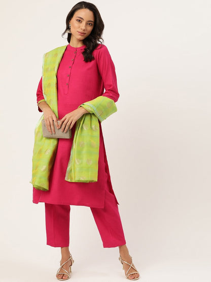 Women's Fuchsia Kurta With Pants & Green Chanderi Jacquard Du
