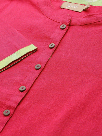 Women's Fuchsia Kurta With Pants & Green Chanderi Jacquard Du