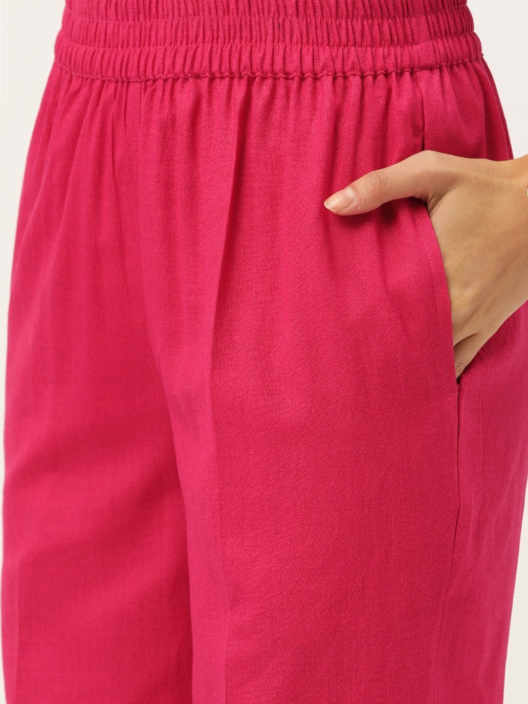 Women's Fuchsia Kurta With Pants & Green Chanderi Jacquard Du