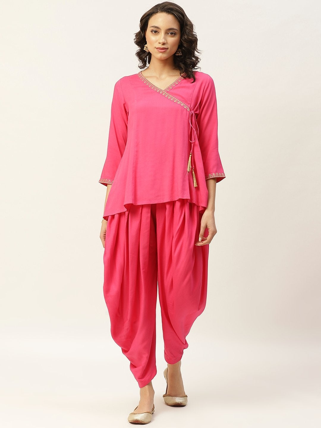 Women's Fuchsia Zari Emb Angrakha Top With Dhoti