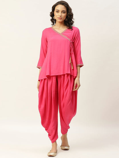 Women's Fuchsia Zari Emb Angrakha Top With Dhoti