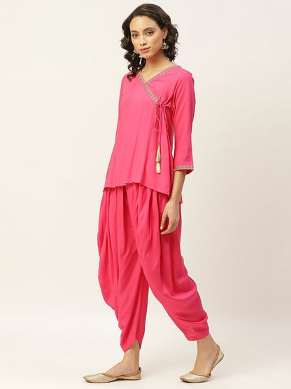 Women's Fuchsia Zari Emb Angrakha Top With Dhoti