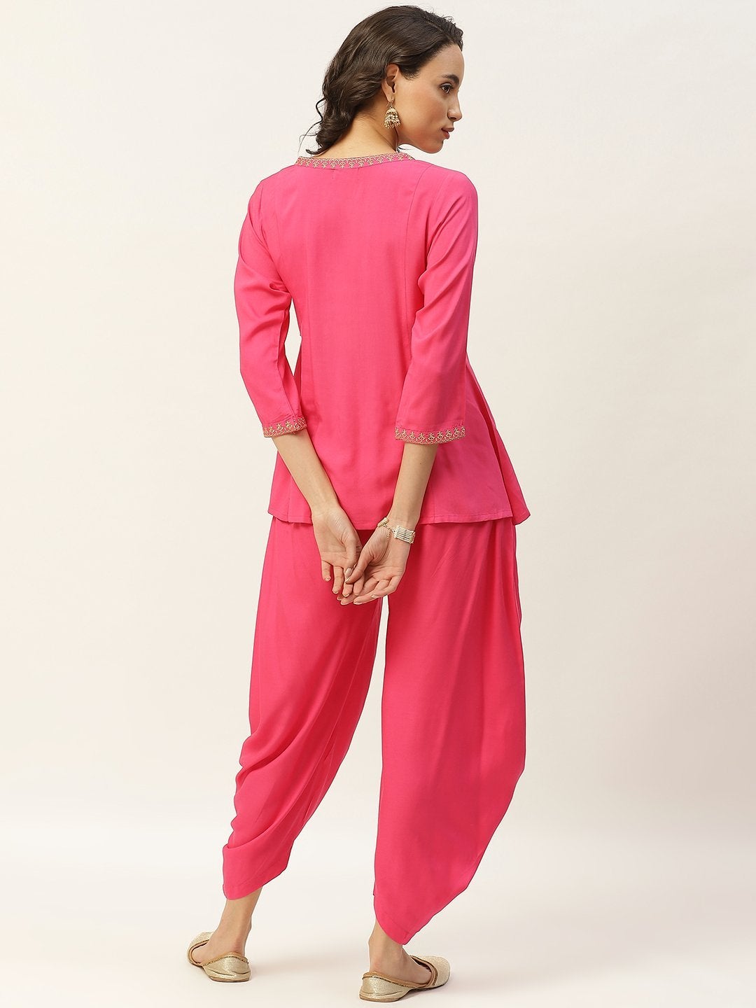 Women's Fuchsia Zari Emb Angrakha Top With Dhoti