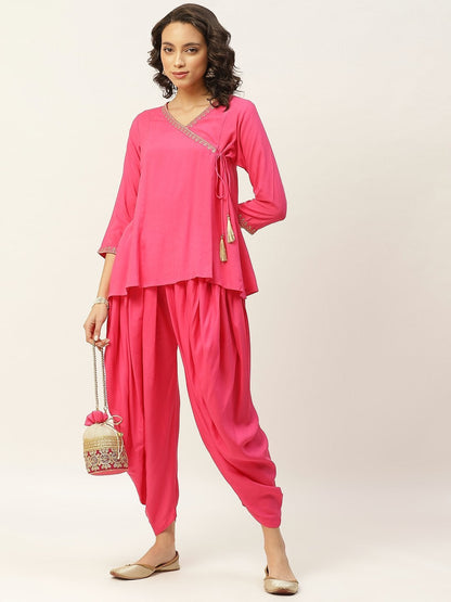 Women's Fuchsia Zari Emb Angrakha Top With Dhoti