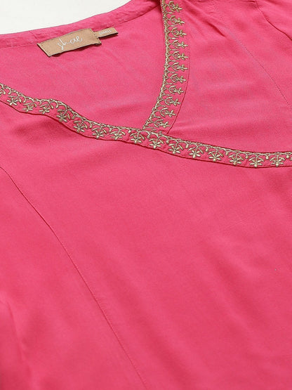 Women's Fuchsia Zari Emb Angrakha Top With Dhoti