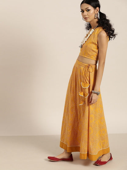 Women's Mustard Bandhej Sleeveless Crop Top With Anarkali