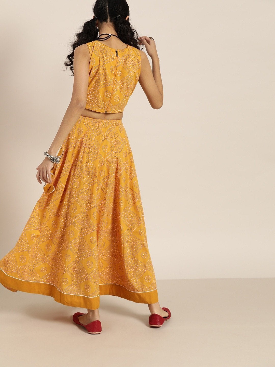 Women's Mustard Bandhej Sleeveless Crop Top With Anarkali