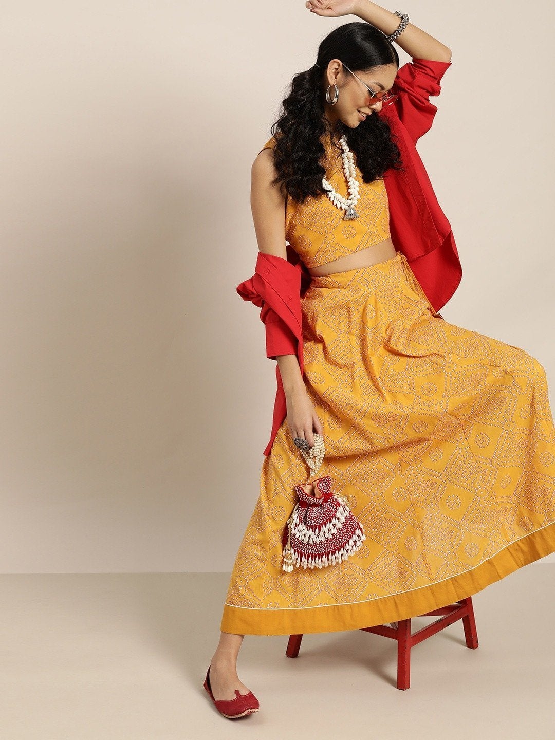 Women's Mustard Bandhej Sleeveless Crop Top With Anarkali
