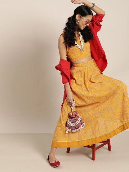 Women's Mustard Bandhej Sleeveless Crop Top With Anarkali