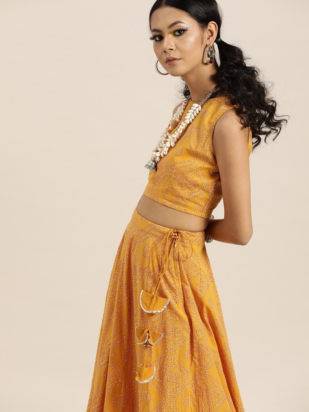Women's Mustard Bandhej Sleeveless Crop Top With Anarkali