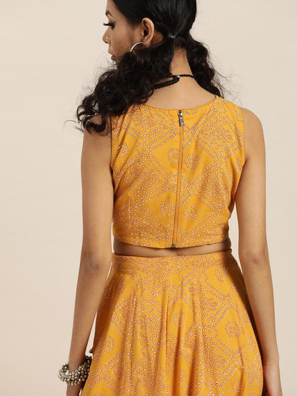 Women's Mustard Bandhej Sleeveless Crop Top With Anarkali