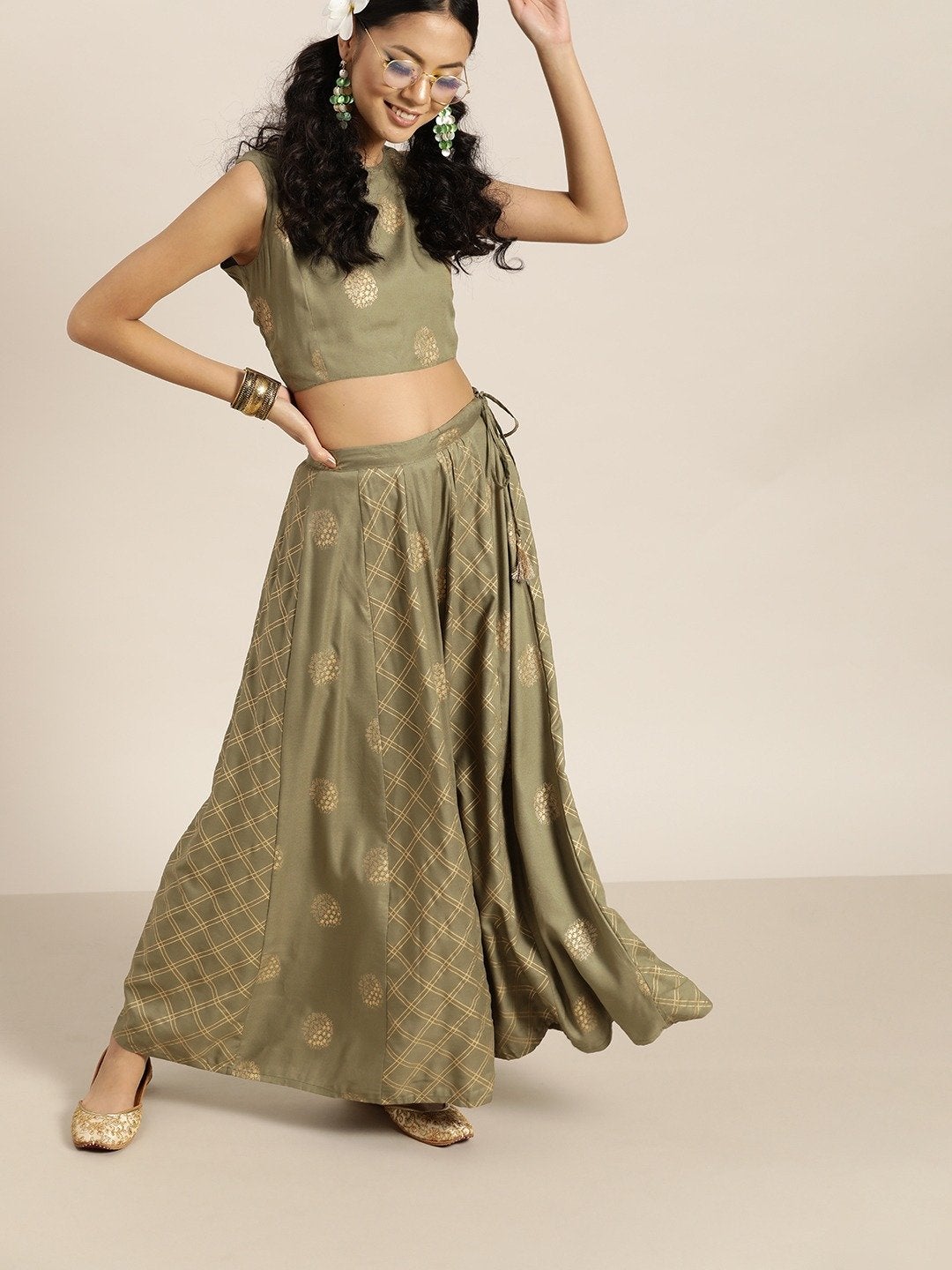 Women's Olive Sleevelesss Crop Top With Anarkali