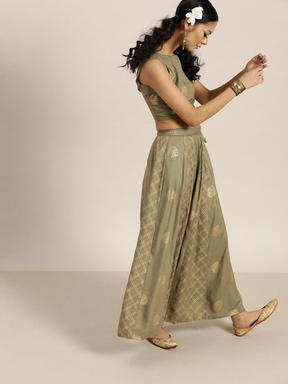 Women's Olive Sleevelesss Crop Top With Anarkali
