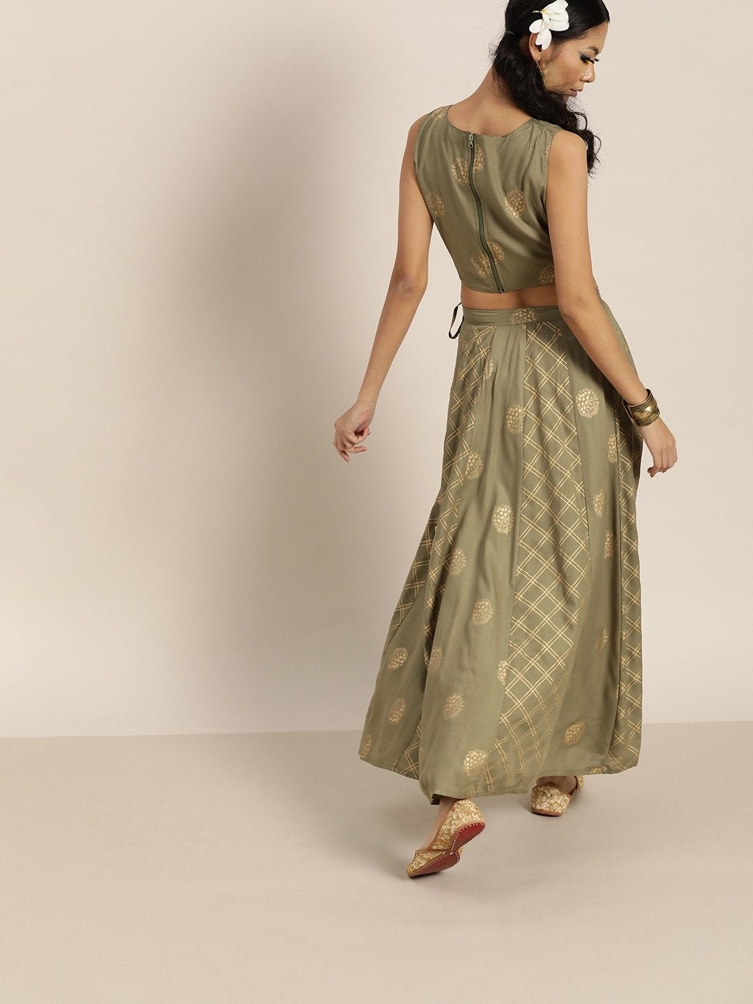 Women's Olive Sleevelesss Crop Top With Anarkali