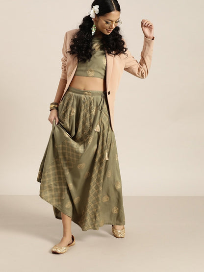 Women's Olive Sleevelesss Crop Top With Anarkali