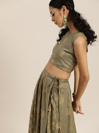 Women's Olive Sleevelesss Crop Top With Anarkali
