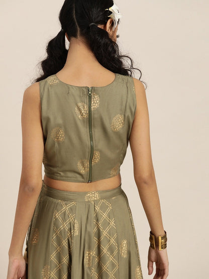 Women's Olive Sleevelesss Crop Top With Anarkali
