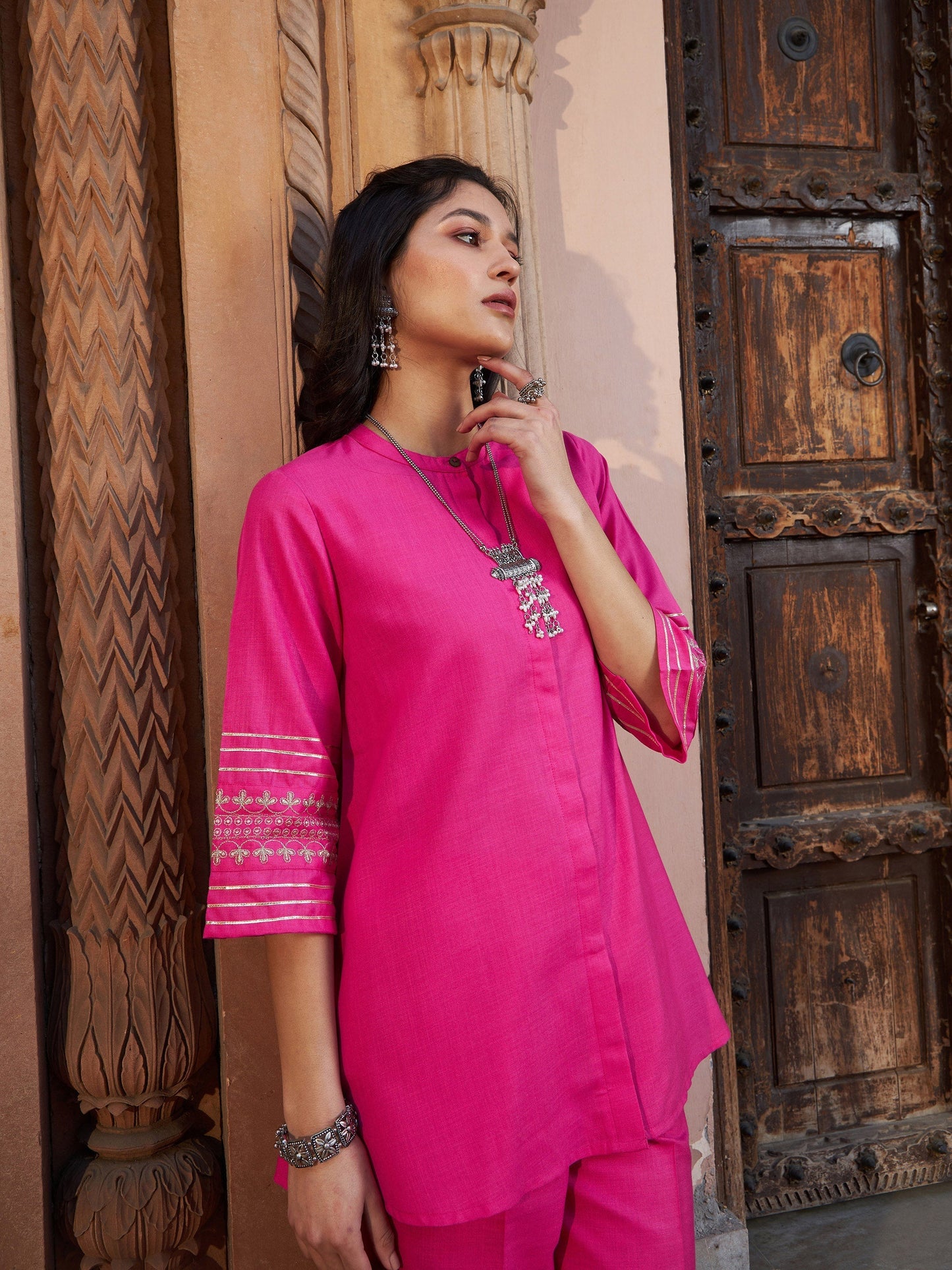 Women's Fuchsia Embroidered Sleeve Shirt Kurti With Palazzos