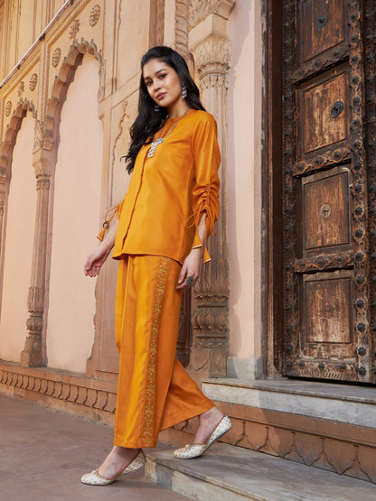Women's Mustard Ruched Sleeve Top With Embroidered Pants