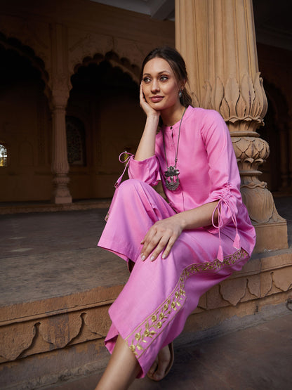 Women's Pink Ruched Sleeve Top With Embroidered Pants