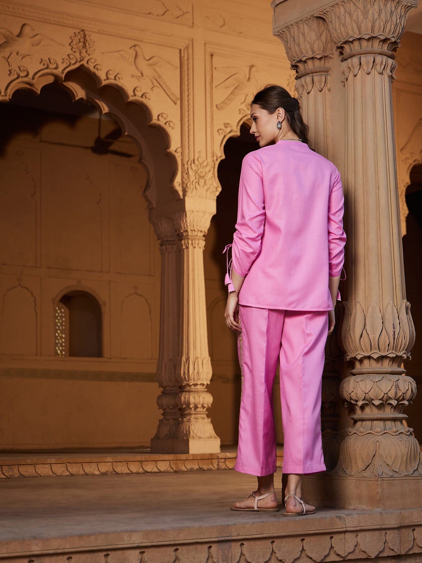 Women's Pink Ruched Sleeve Top With Embroidered Pants