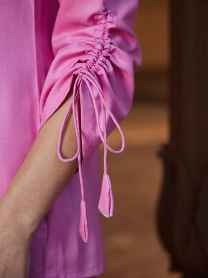 Women's Pink Ruched Sleeve Top With Embroidered Pants