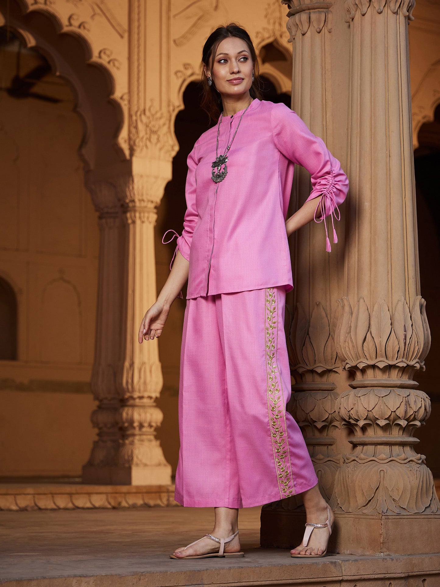 Women's Pink Ruched Sleeve Top With Embroidered Pants