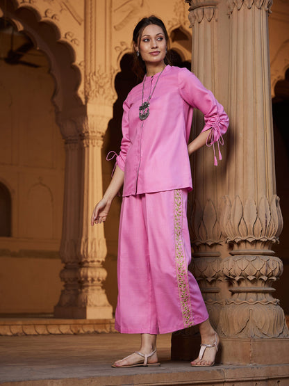 Women's Pink Ruched Sleeve Top With Embroidered Pants