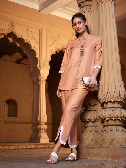 Women's Peach Lace Detail Short Kurti With Palazzos