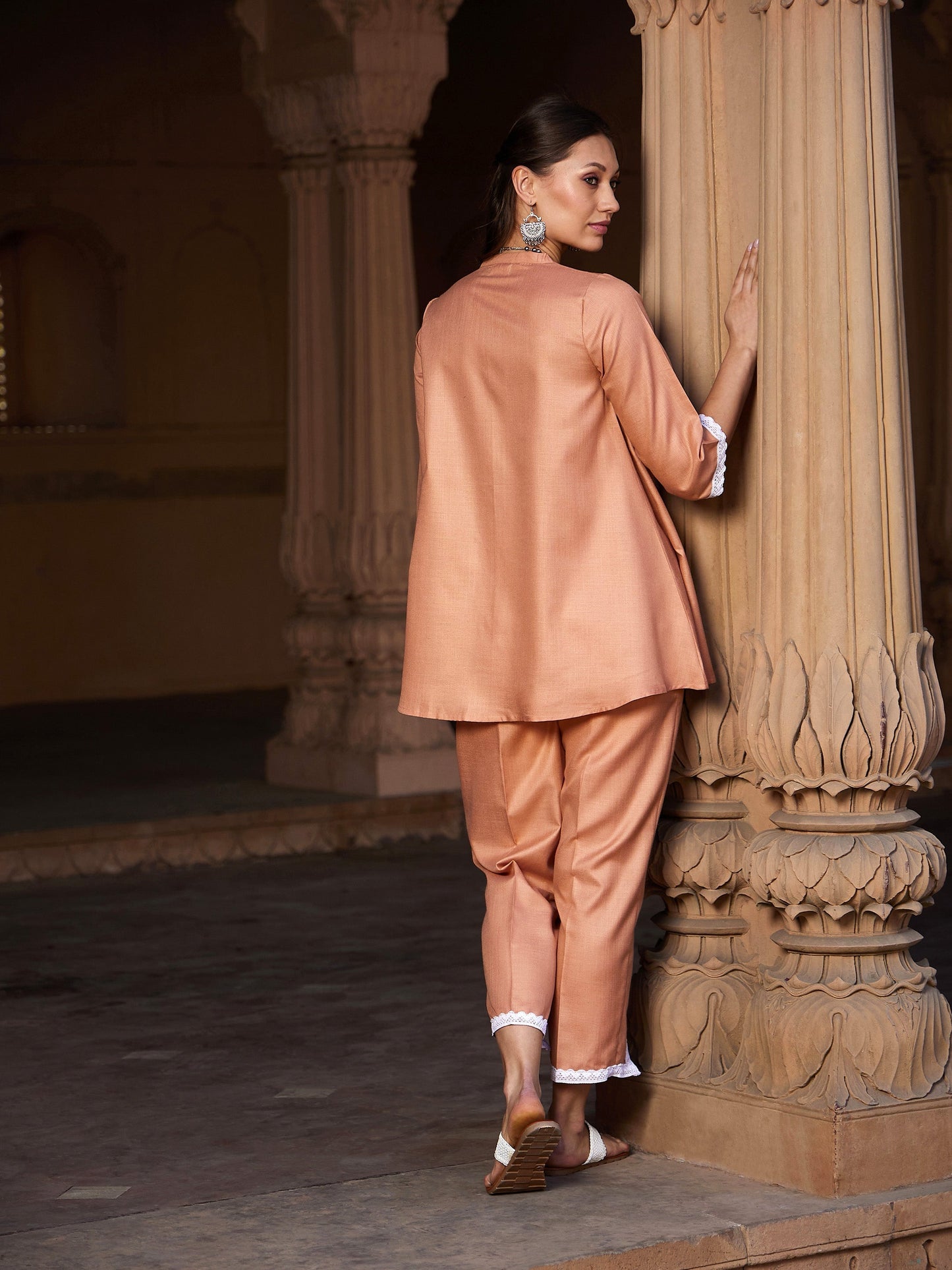 Women's Peach Lace Detail Short Kurti With Palazzos