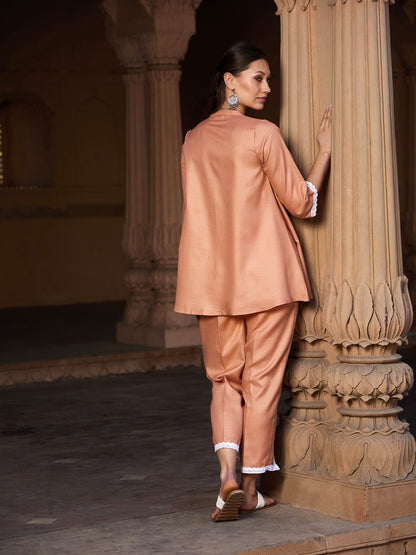 Women's Peach Lace Detail Short Kurti With Palazzos