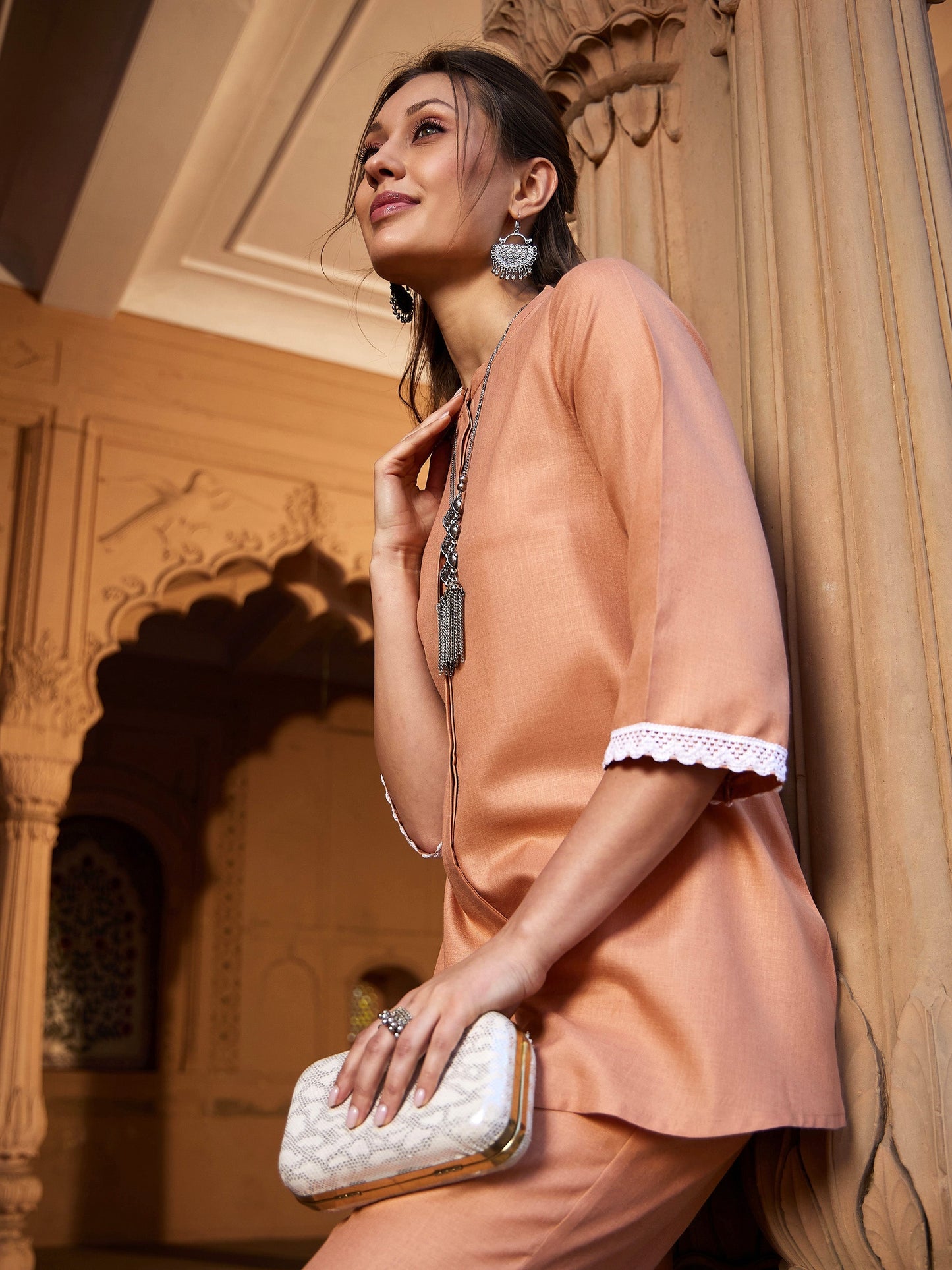 Women's Peach Lace Detail Short Kurti With Palazzos