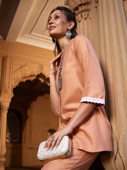 Women's Peach Lace Detail Short Kurti With Palazzos