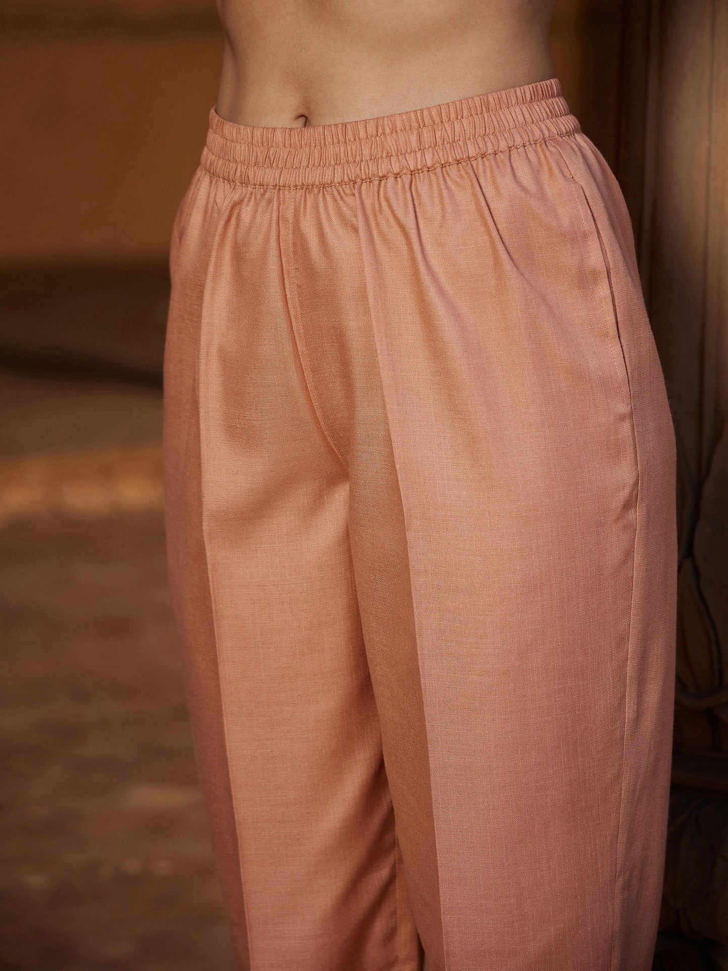 Women's Peach Lace Detail Short Kurti With Palazzos