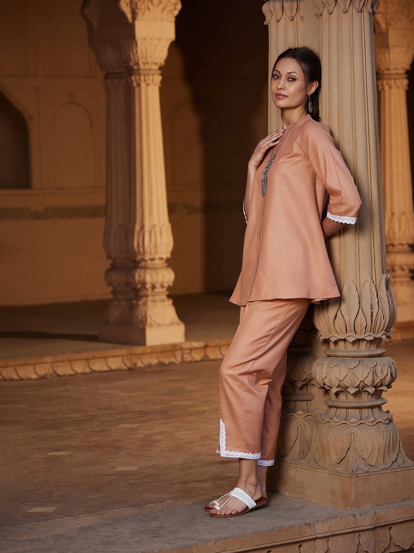 Women's Peach Lace Detail Short Kurti With Palazzos