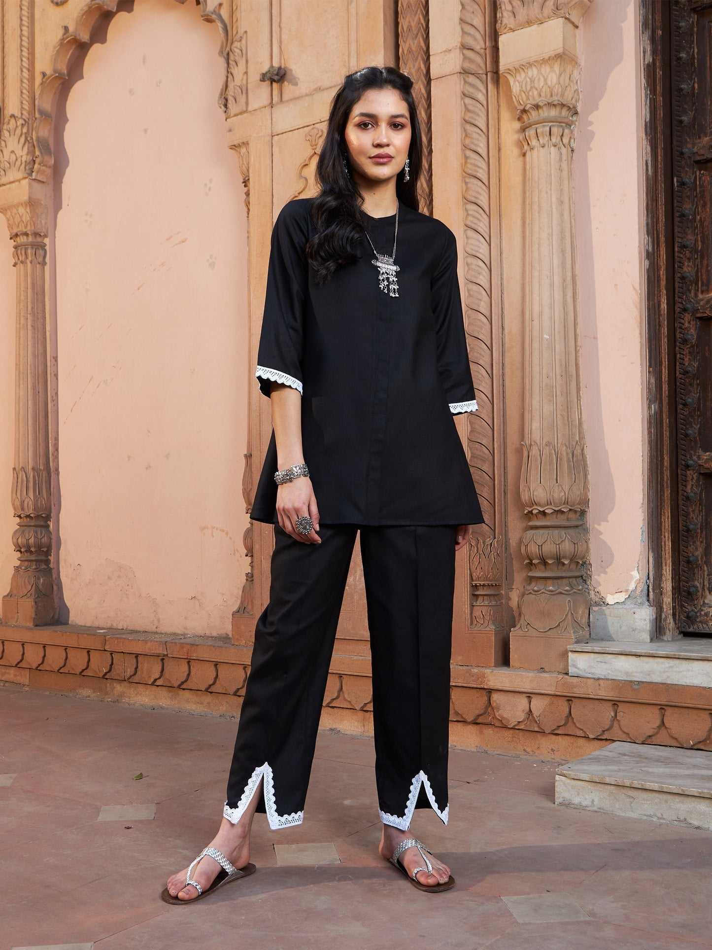 Women's Black Lace Detail Short Kurti With Palazzos