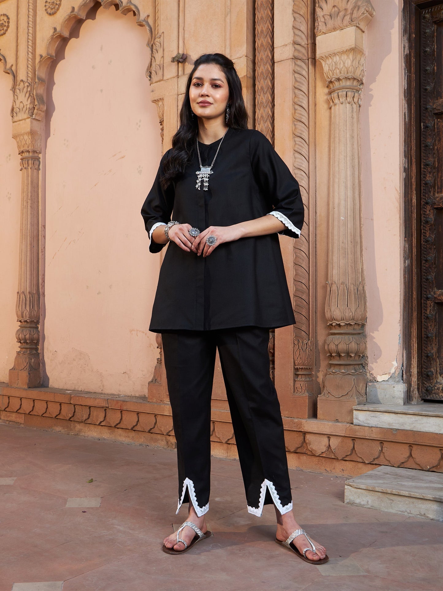 Women's Black Lace Detail Short Kurti With Palazzos