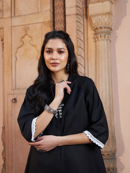 Women's Black Lace Detail Short Kurti With Palazzos