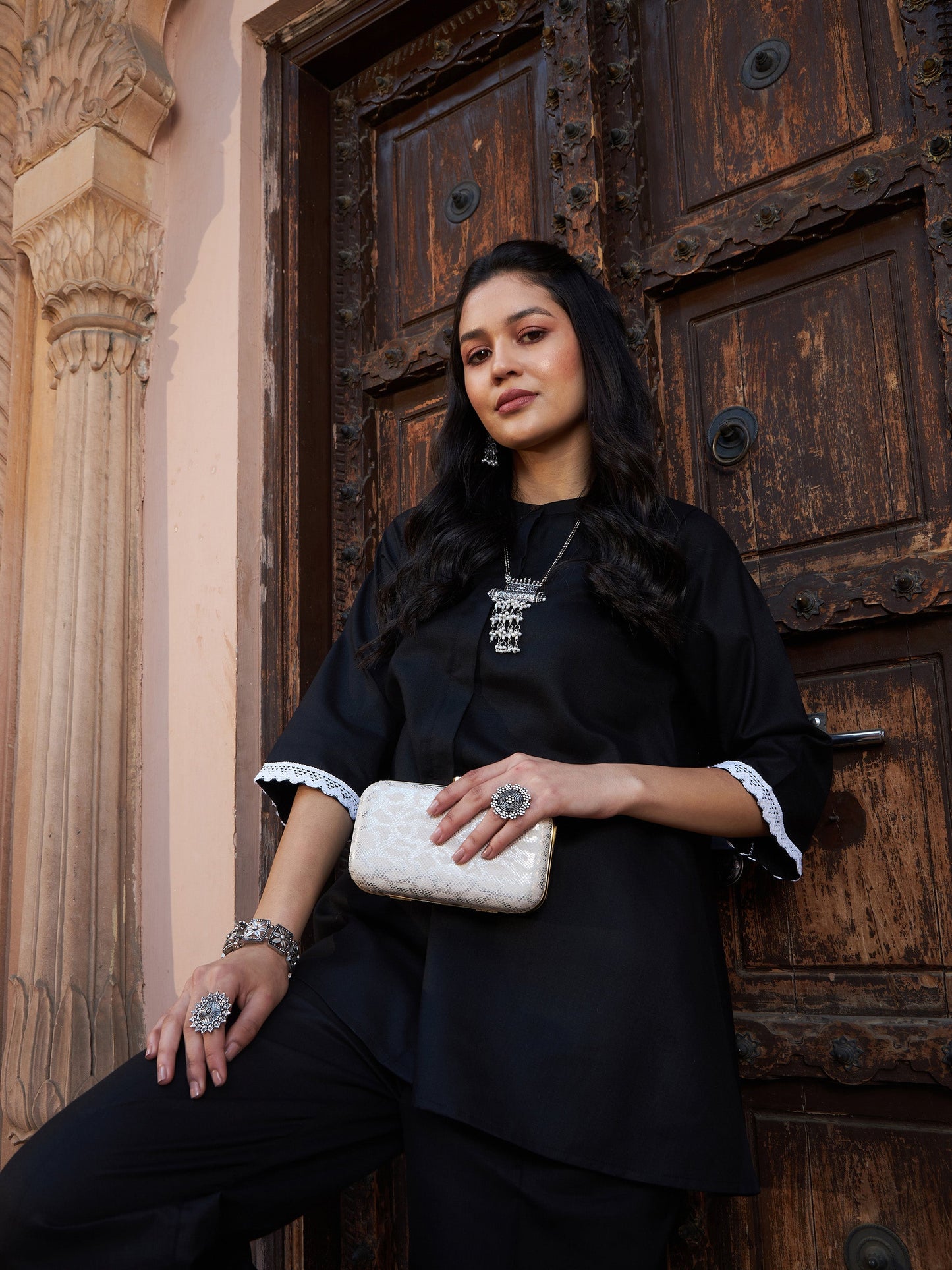 Women's Black Lace Detail Short Kurti With Palazzos