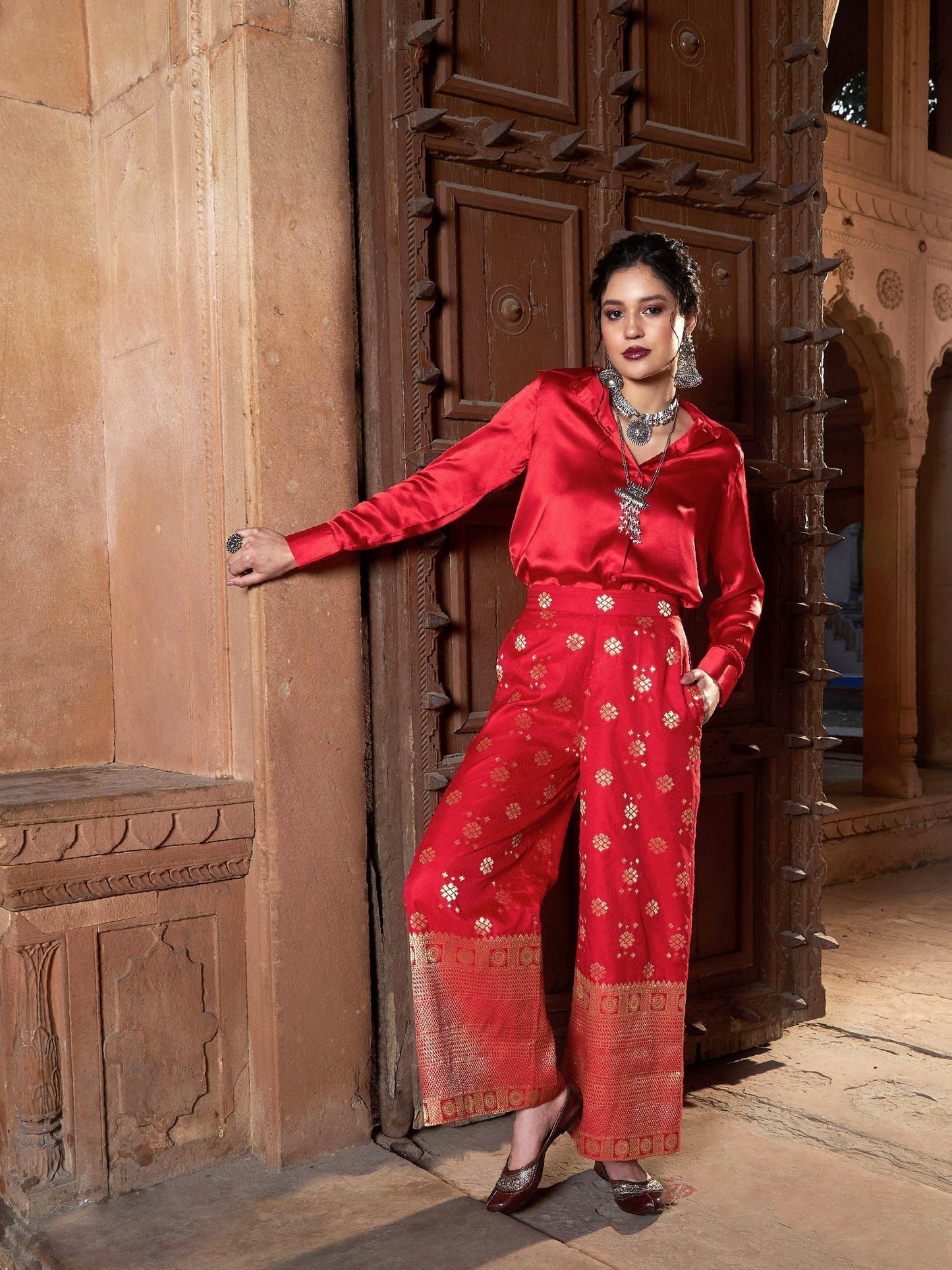 Women's Red Satin Shirt With Brocade Palazzos