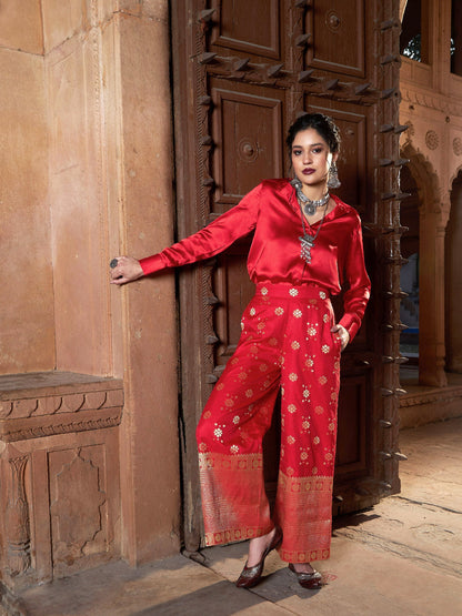 Women's Red Satin Shirt With Brocade Palazzos