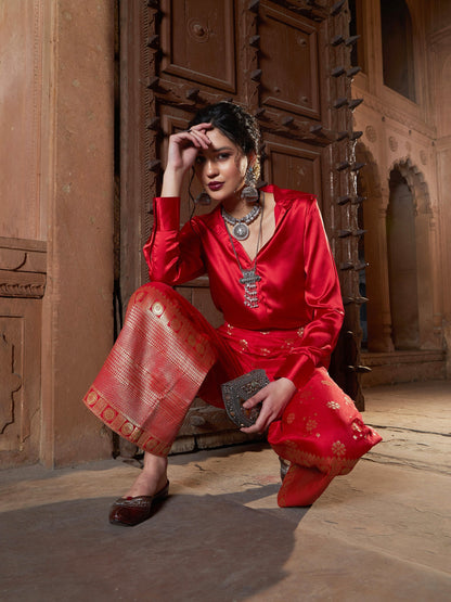 Women's Red Satin Shirt With Brocade Palazzos