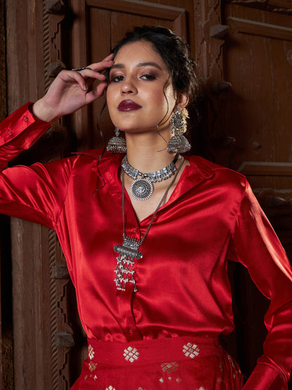 Women's Red Satin Shirt With Brocade Palazzos