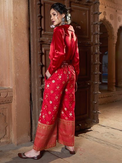 Women's Red Satin Shirt With Brocade Palazzos