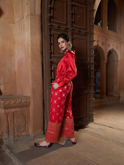 Women's Red Satin Shirt With Brocade Palazzos