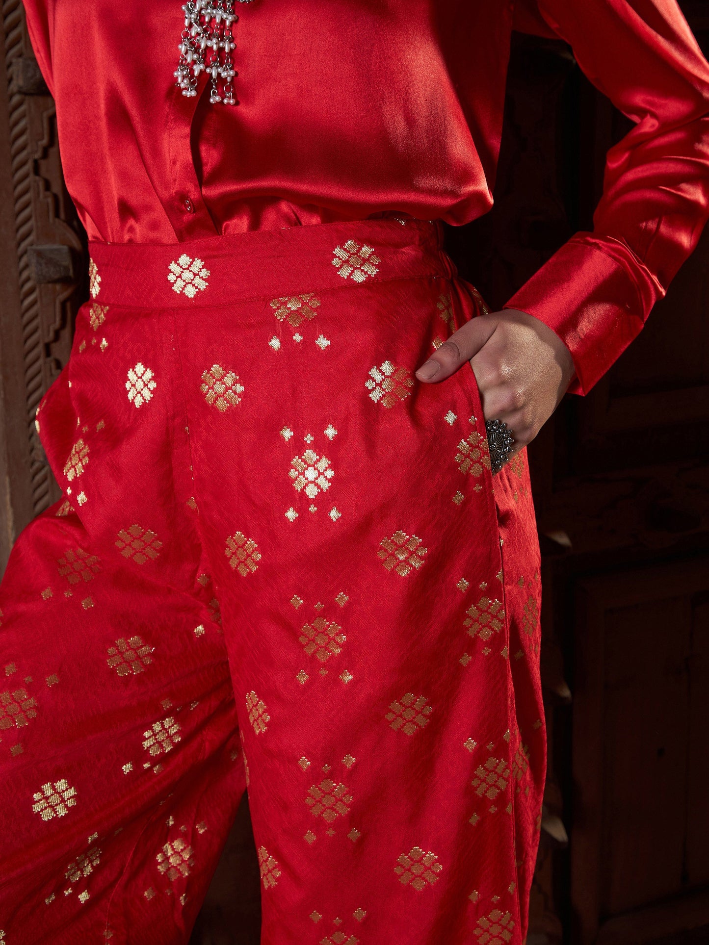 Women's Red Satin Shirt With Brocade Palazzos