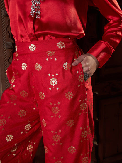 Women's Red Satin Shirt With Brocade Palazzos